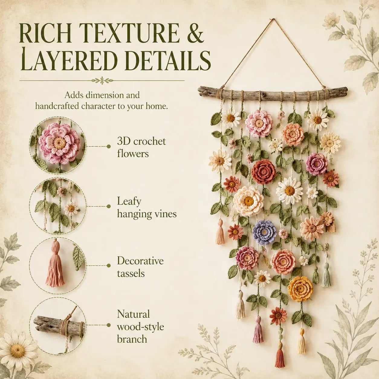 🌸HandMade Boho Crochet Flower Wall Hanging Decor(Create Your Flower Wall & Save)