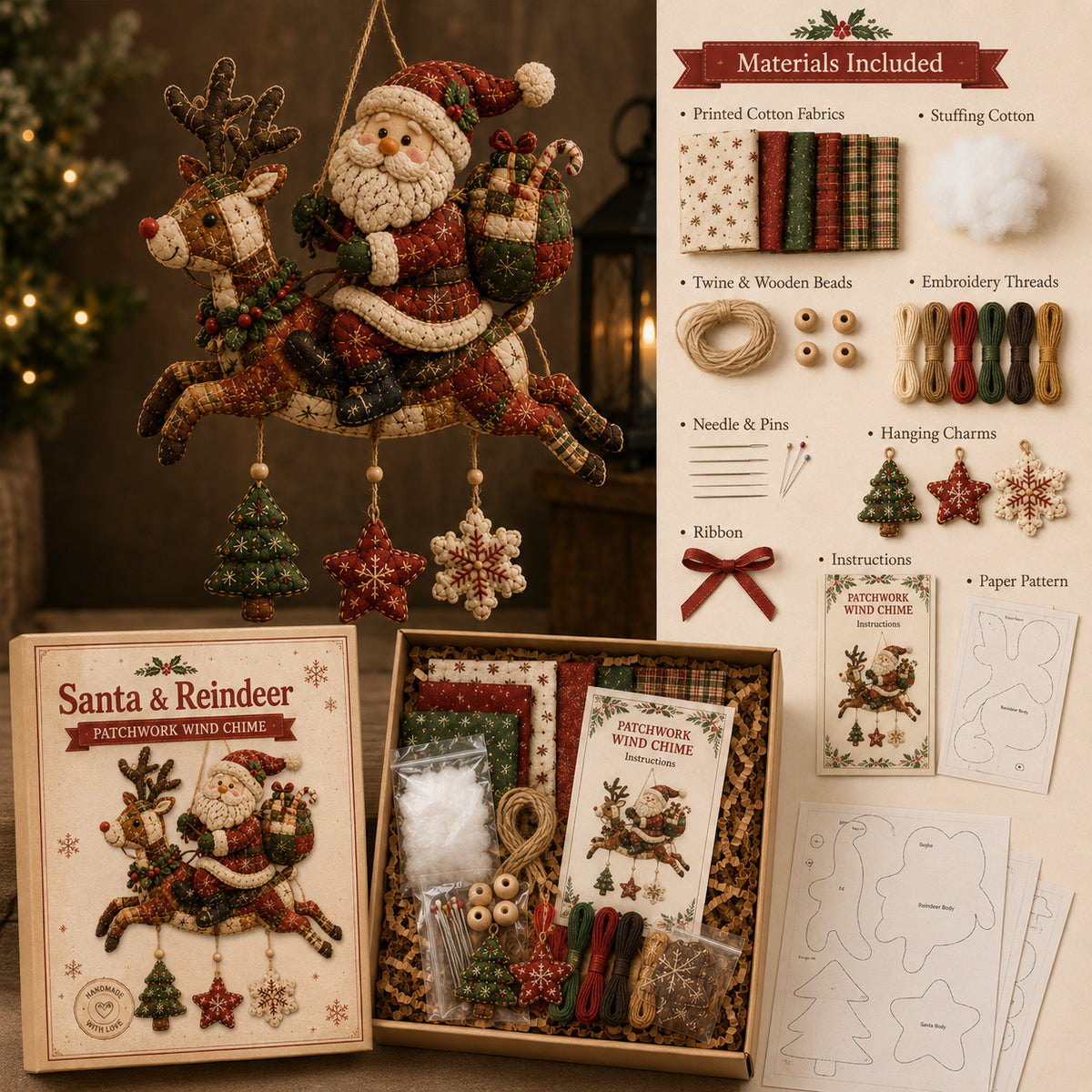🎄 DIY Santa & Reindeer 3D Patchwork Wind Chime Kit