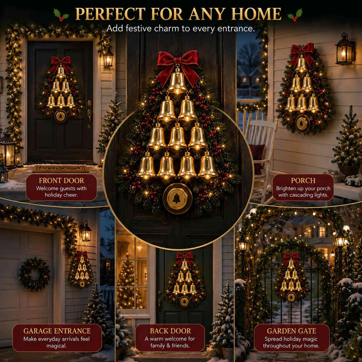Christmas Bell Cascade Doorbell with Warm LED Lights, Musical Festive Home Decor, Front Door & Entryway Wreath Ornament, Christmas Gift for Friends