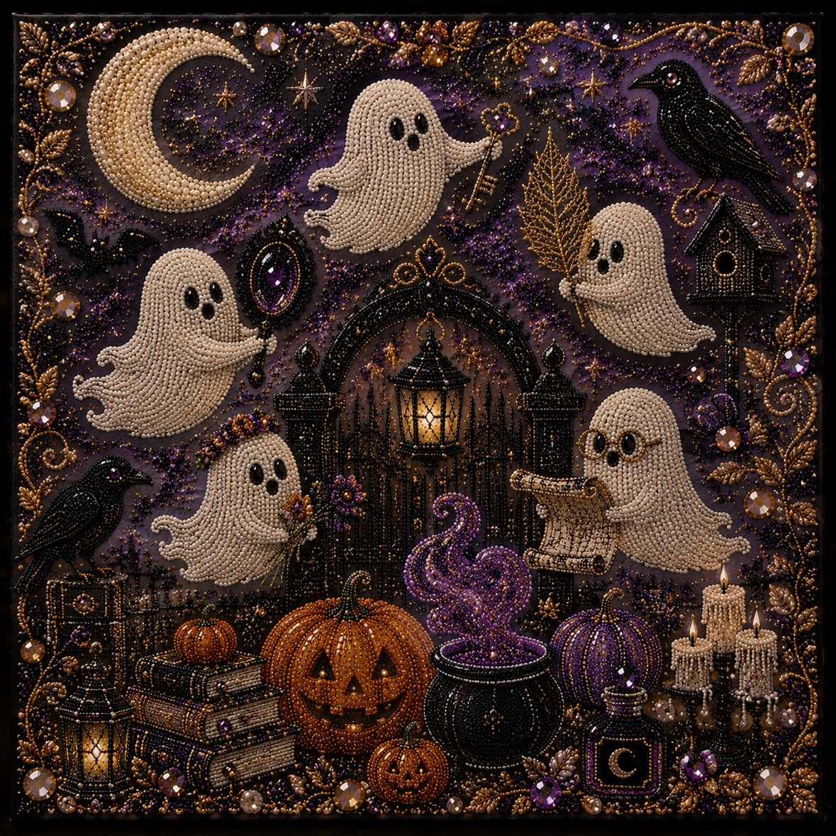 🧘Relaxing & Beginner-Friendly👻Cute Ghosts Pumpkins 3D Pearl Mosaic Art Kit