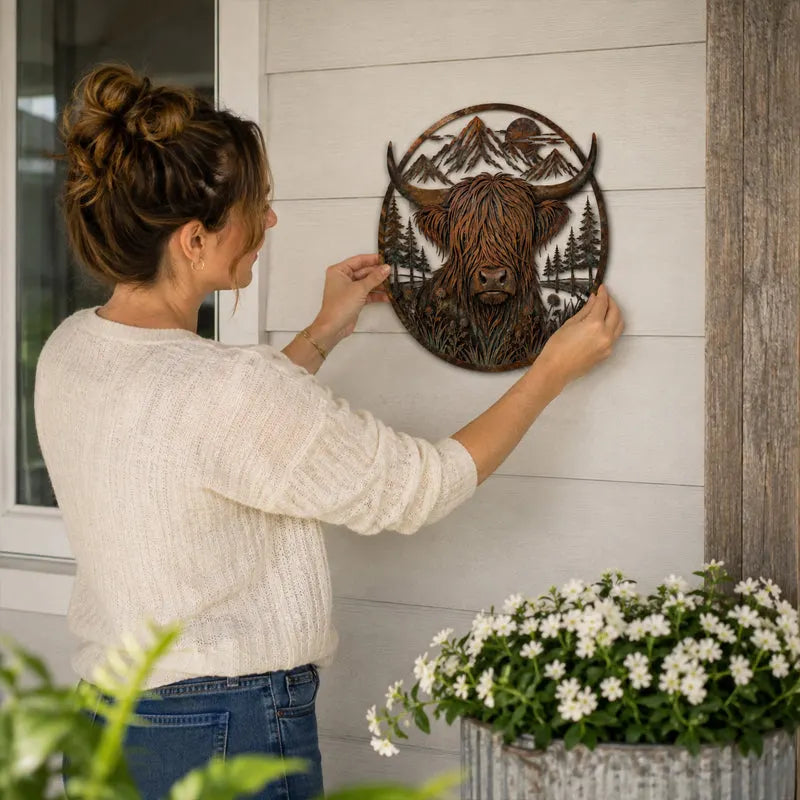 🐂Highland Cow Mountain Scene Metal Wall🏔️